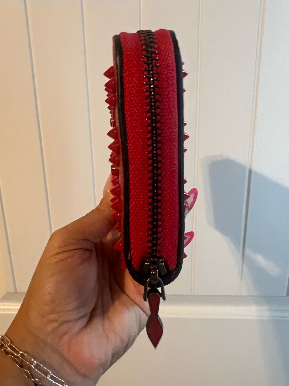 Christian Louboutin Red Pebbled Leather Studded Zip Wallet - Picture 5 of 11